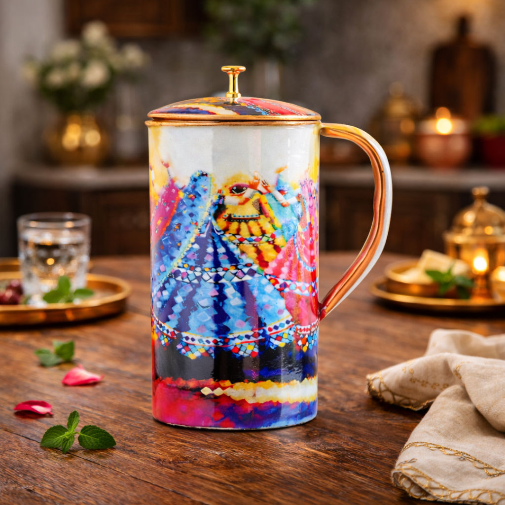 Pure copper printed jug padharo mhare desh design dancingwomen, 2000 ML
